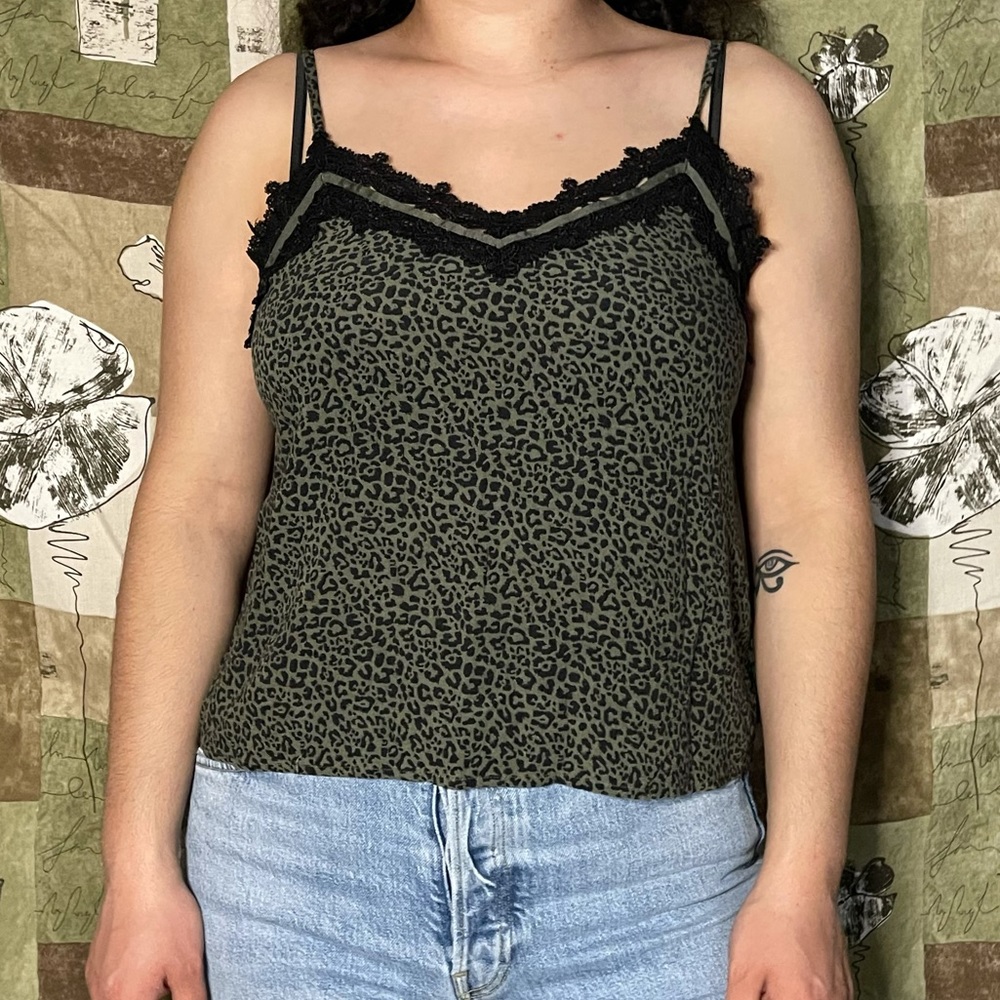 Lace Trim Olive Green Cheetah Leopard Tank